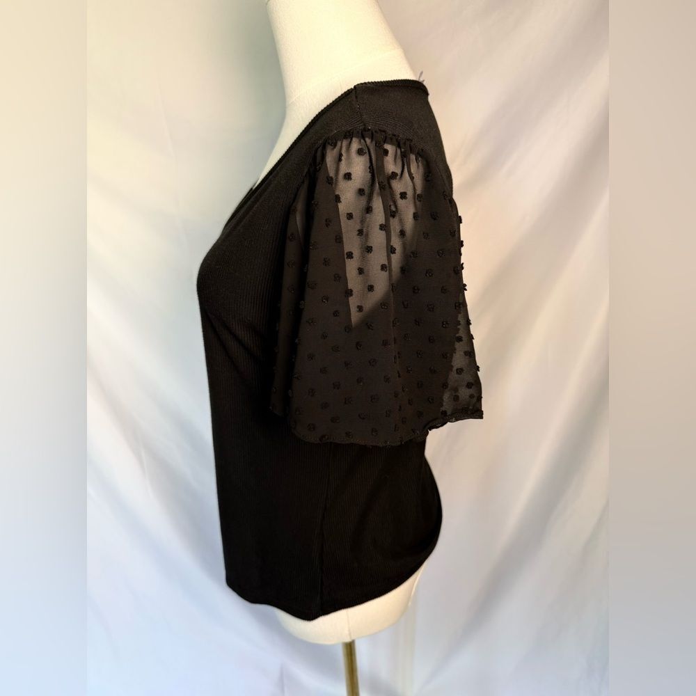 C'est La Vie Ribbed & Swiss Dot V Neck Top Black Size Small - Picture 3 of 8